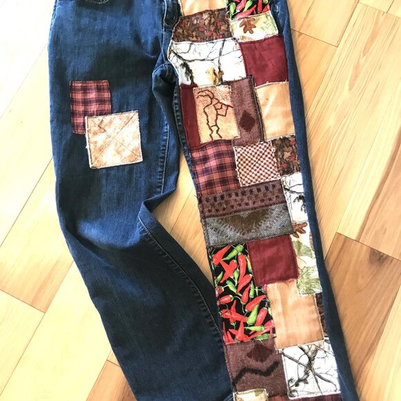 Upcycled Southwest Patchwork Jeans, Women’s 12P: Handmade Aztec Tribal Patches - Picture 12 of 12